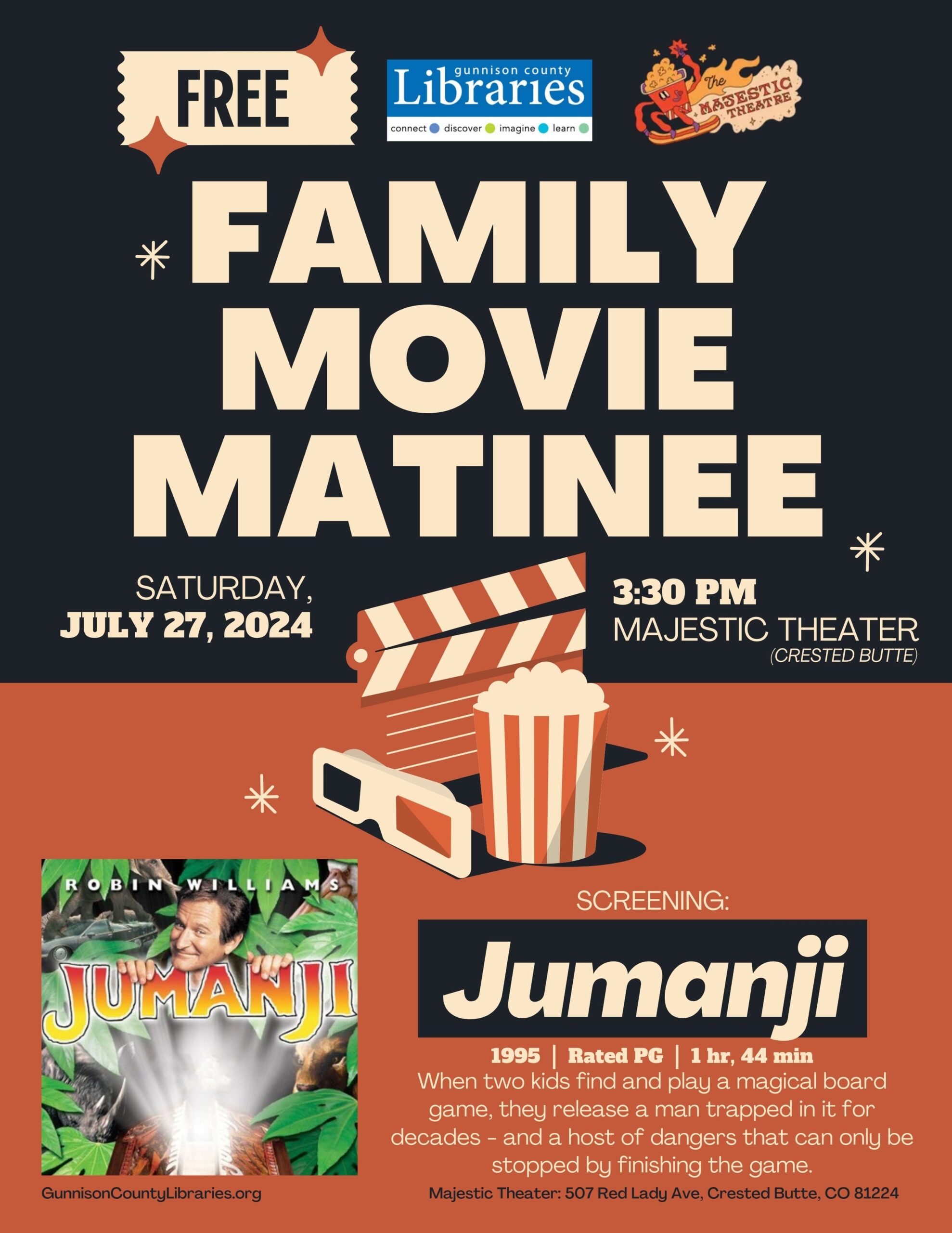 Flyer for Family Movie Matinee screening Jumanji (1995) on Saturday, July 27, 2024.