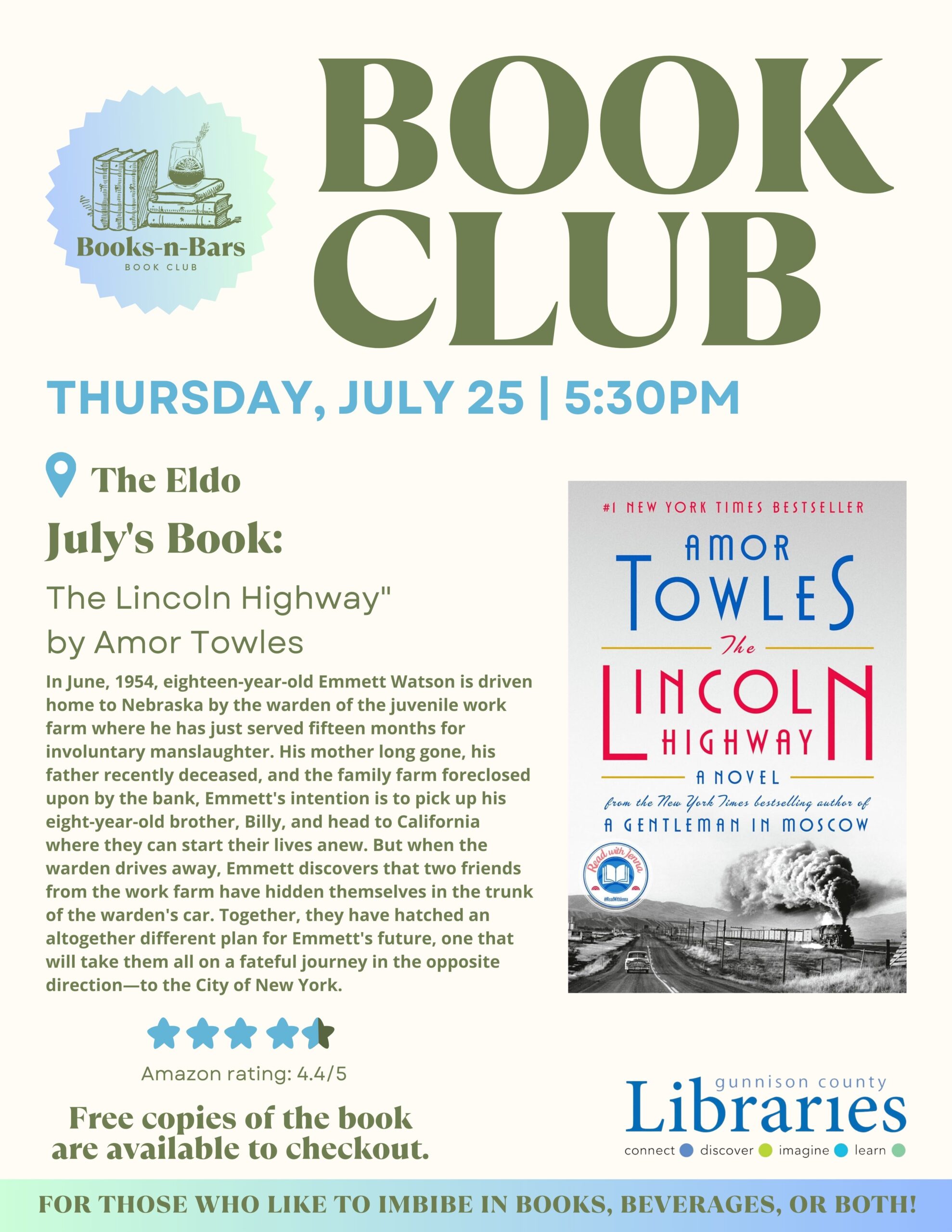 July Books n Bars flyer, meeting Thursday, July 25 and reading 